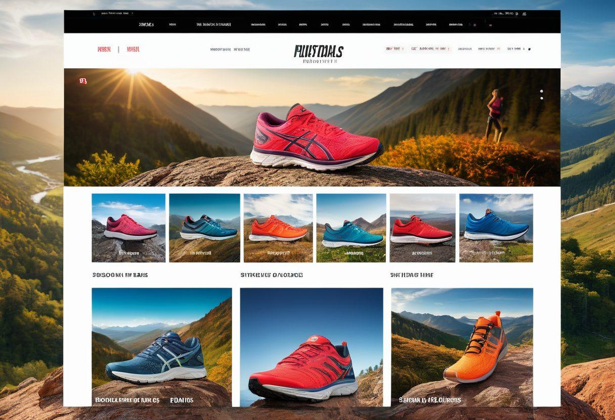 A bustling, modern e-commerce website with a sleek interface, packed with vibrant images of running shoes, athletic gear, and accessories. Featured products with dynamic thumbnails of runners in action against scenic trails and urban backgrounds. Highlight the excitement and diversity in the product range. super-realistic. vibrant colors. high resolution.