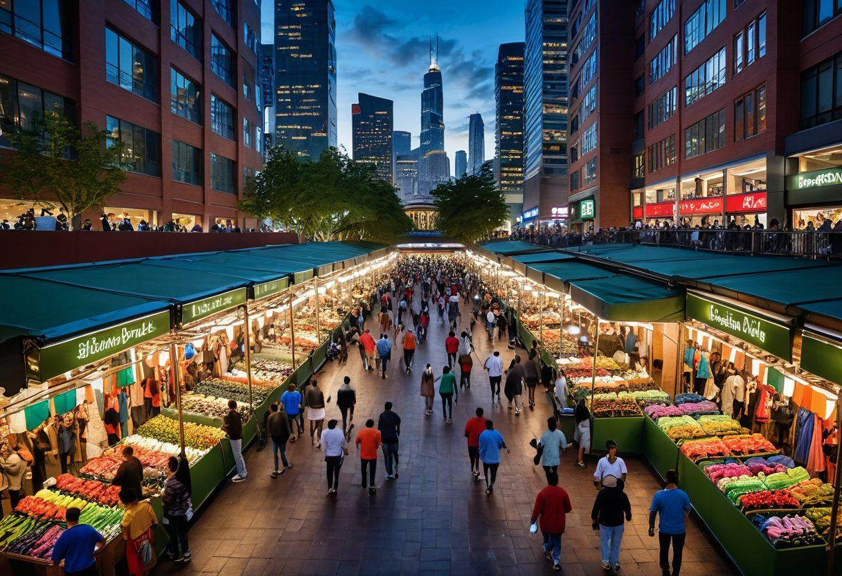 An energetic scene of a bustling city marketplace with vibrant stalls displaying colorful running shoes, apparel, and sports gear. Happy shoppers browse through the stalls, while an illuminated sign highlights 'Best Deals'. Background features a mix of modern cityscape and lush park. super-realistic. vibrant colors. bustling atmosphere.