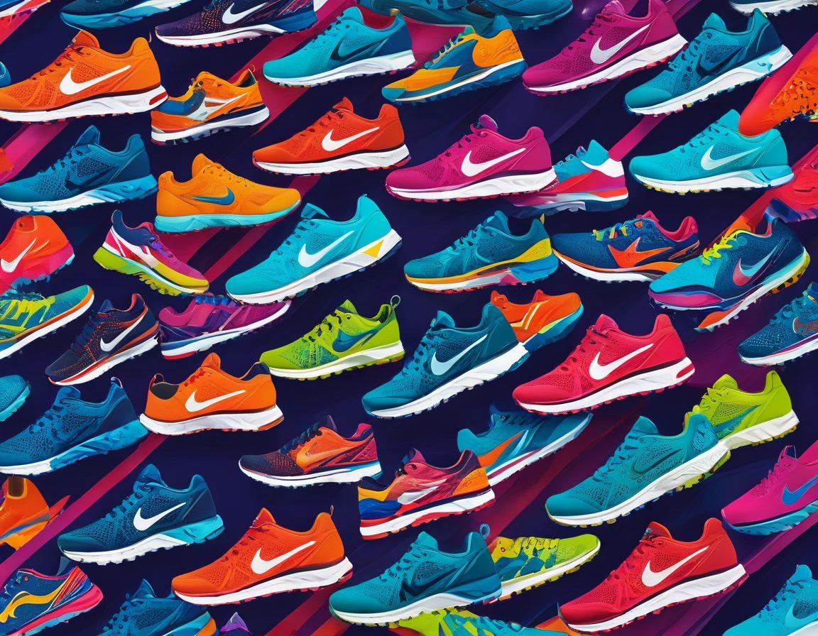 A dynamic collage featuring a variety of modern running shoes, apparel, and accessories from top online stores, set against a background of a global map and running tracks. Include vibrant logos of renowned brands and runners in action, reflecting diversity and energy. Vector art. vibrant colors.
